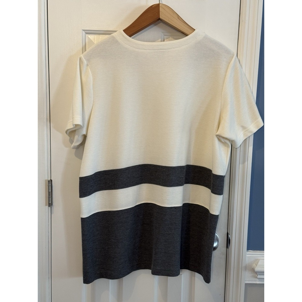 Links Cream Grey Striped Crew Neck Short Sleeve Sweater L/XL Classic Minimalist - Picture 3 of 7